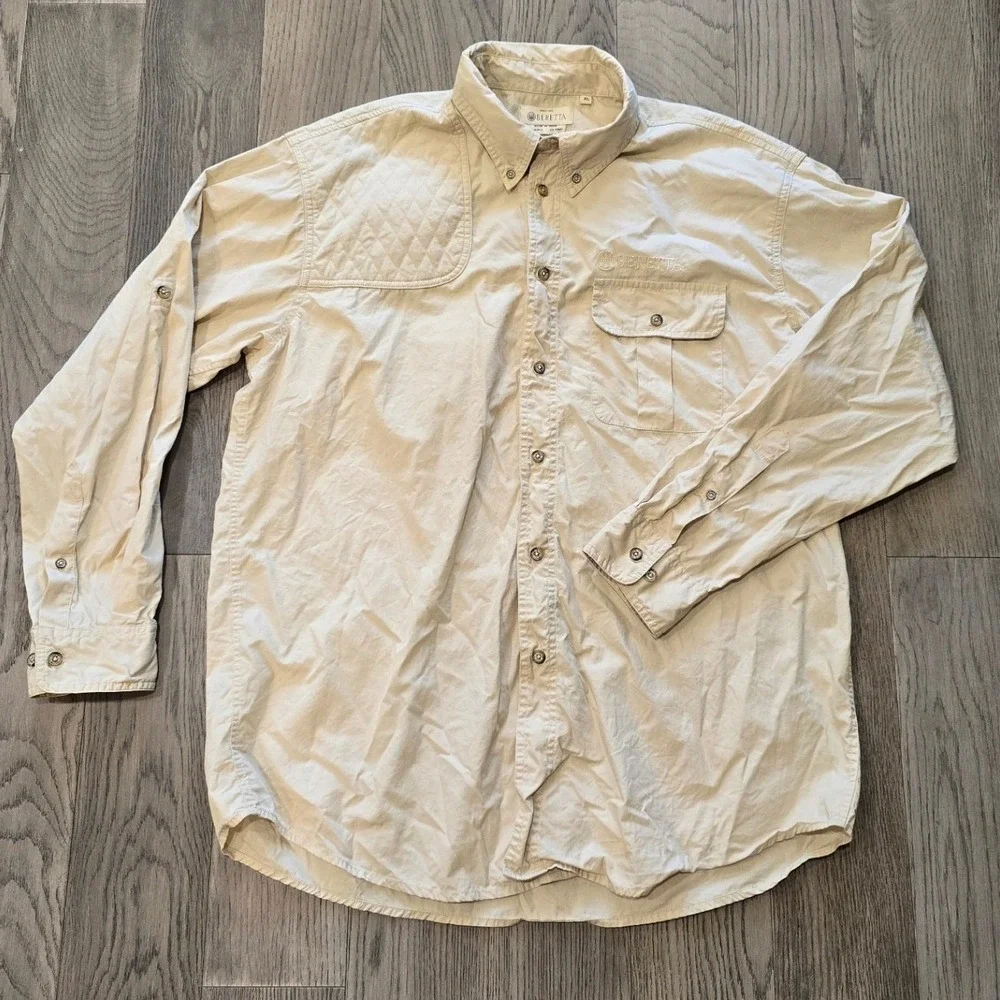 Beretta Long Sleeve Shooting Shirt Tan Mens XL Quilted Shoulder Patch Vented